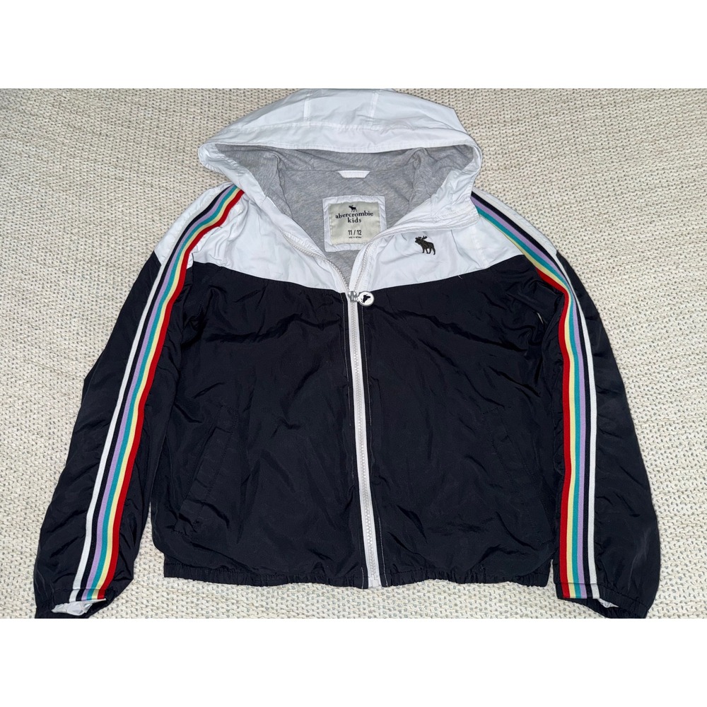 Y2K Abercrombie Kids Windbreaker Jacket Black White Rainbow Hooded Size 11/12